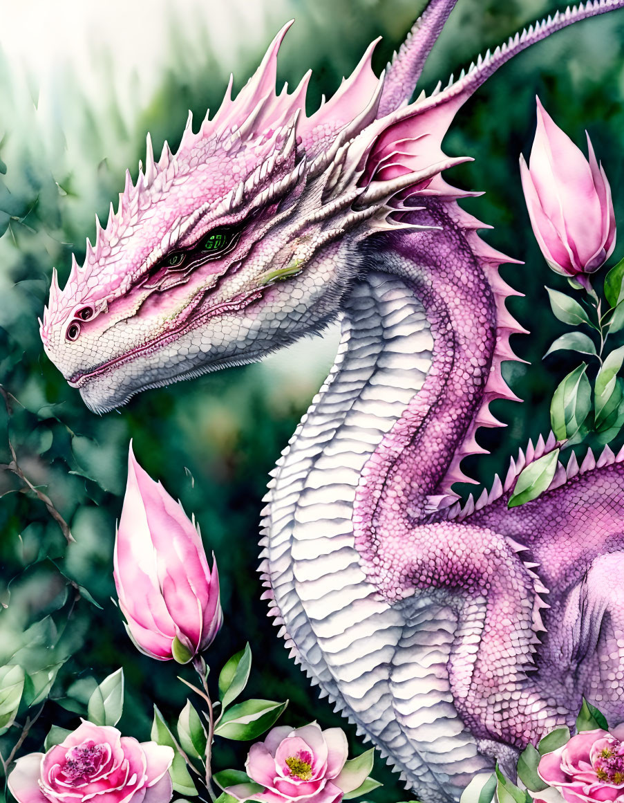 Detailed Pink and White Dragon Among Pink Flowers and Green Foliage