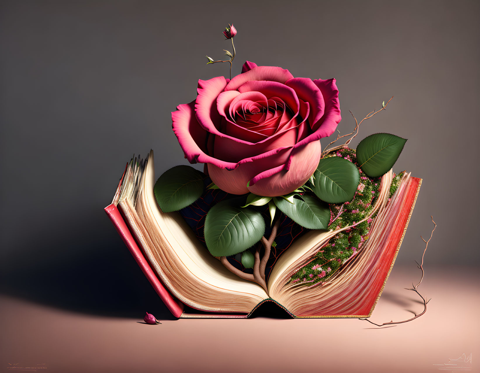 Open book pages turning into red rose on gradient background, surrounded by leaves.