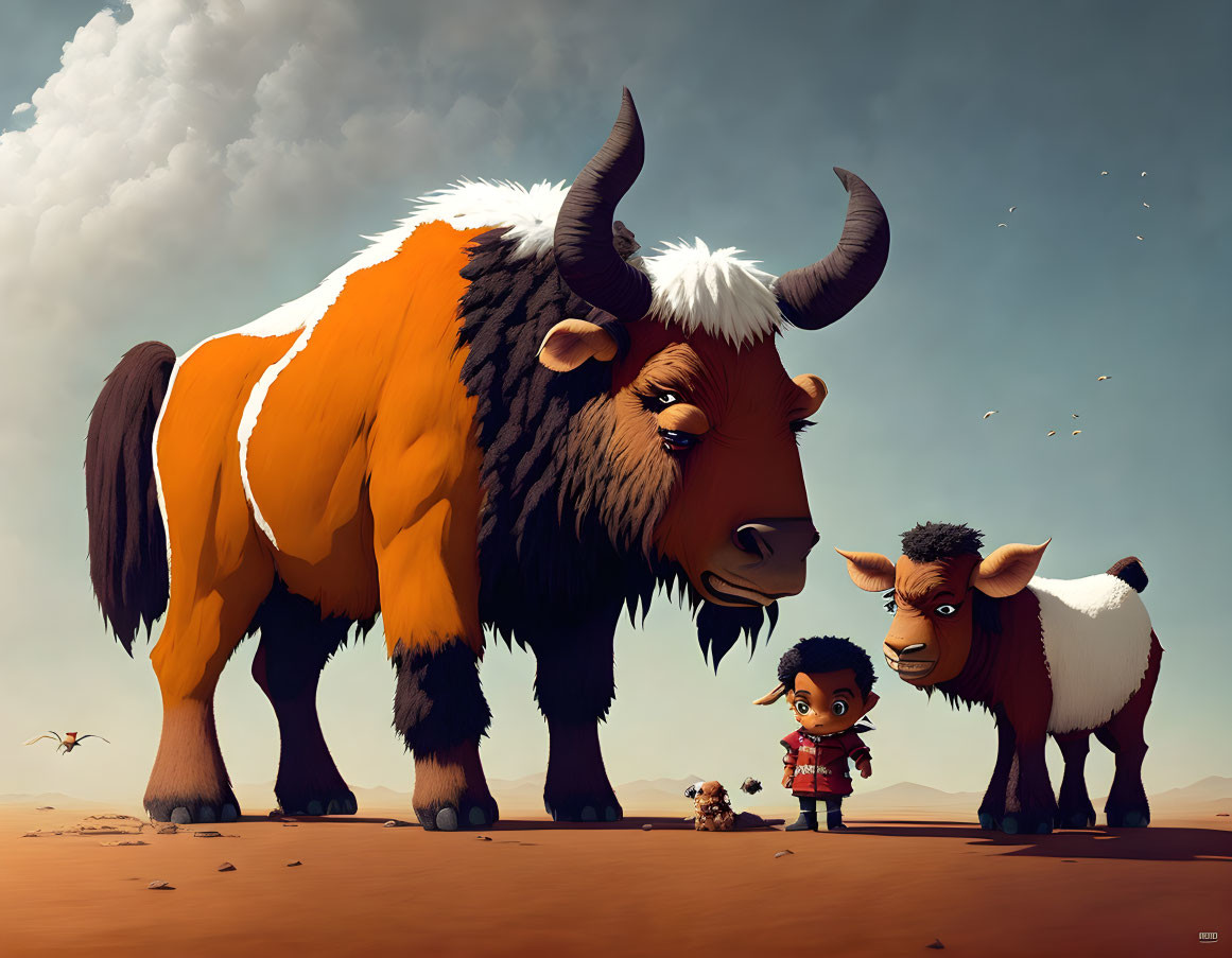 Child with toy knight and two yaks under clear sky illustration