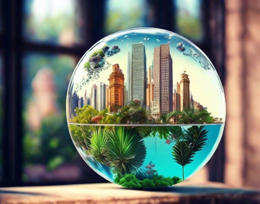 Crystal ball showing cityscape and tropical foliage on ledge