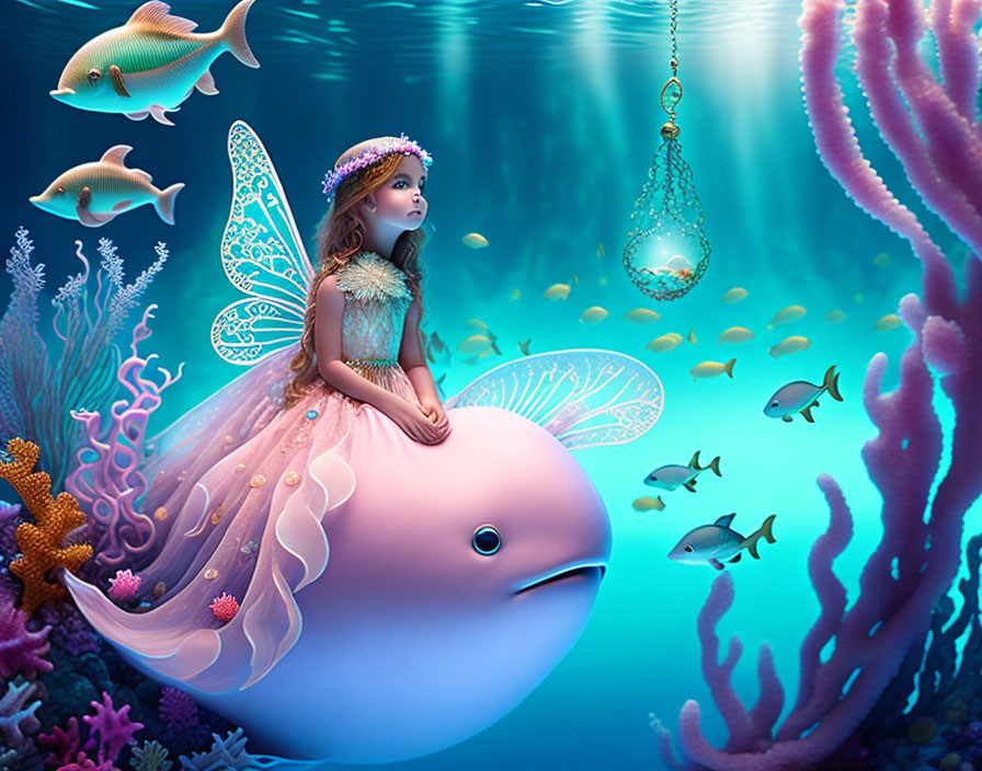 Colorful Underwater Fairy and Dolphin Scene with Coral and Fish