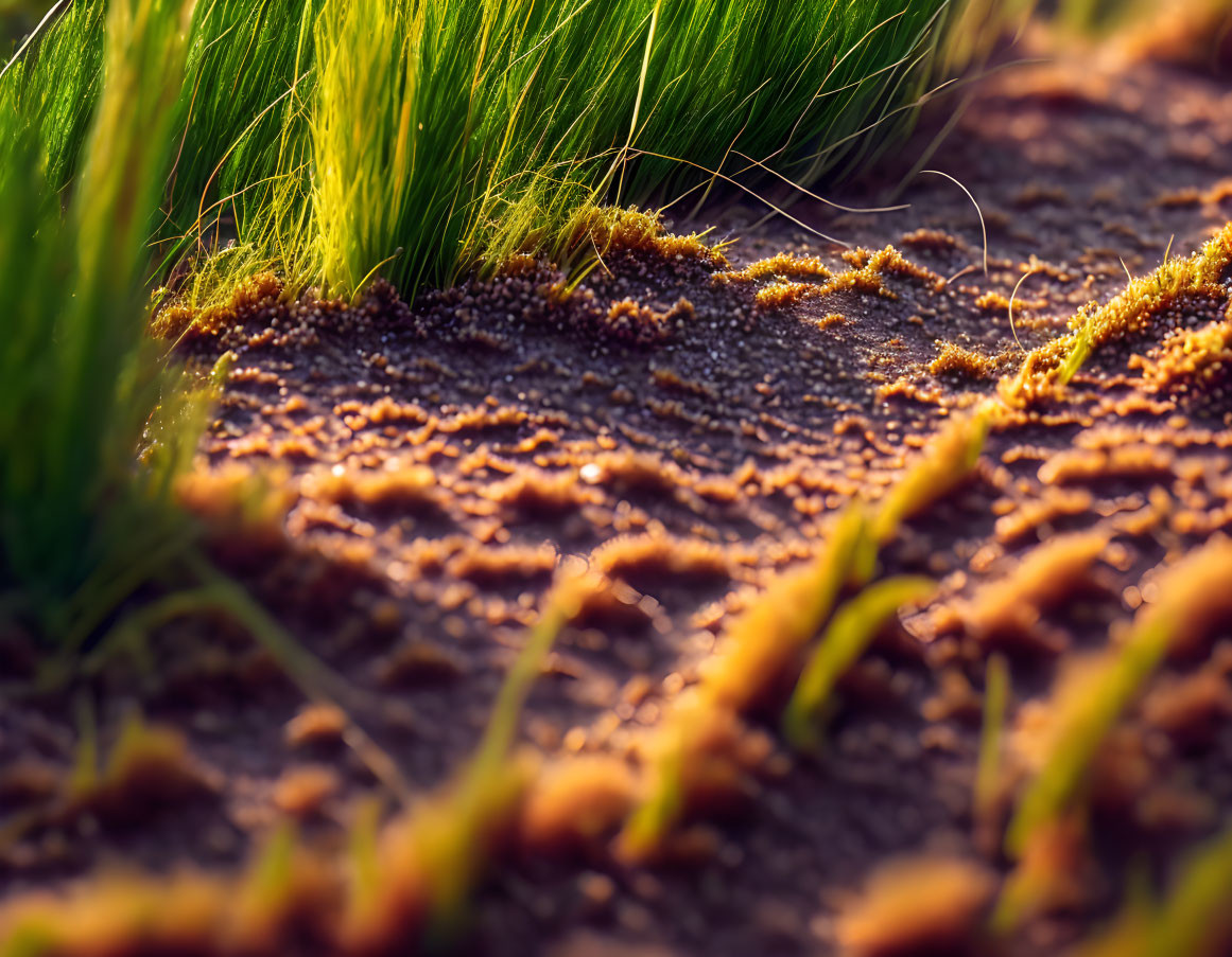 Detailed Close-Up of Dirt Path and Green Grass in Sunlight