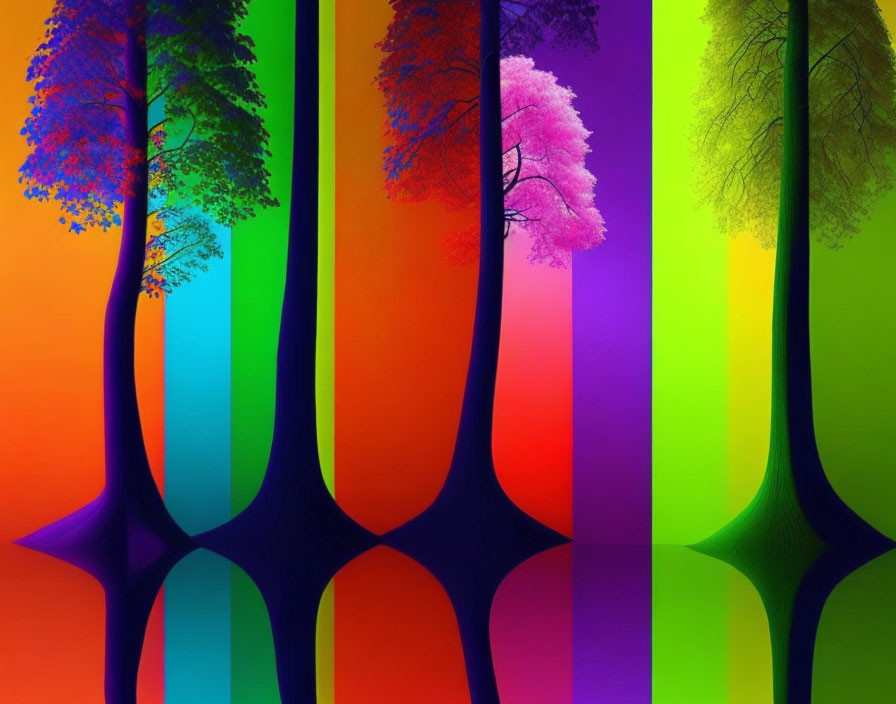 Colorful Abstract Background with Tree Silhouettes on Gradient Blocks