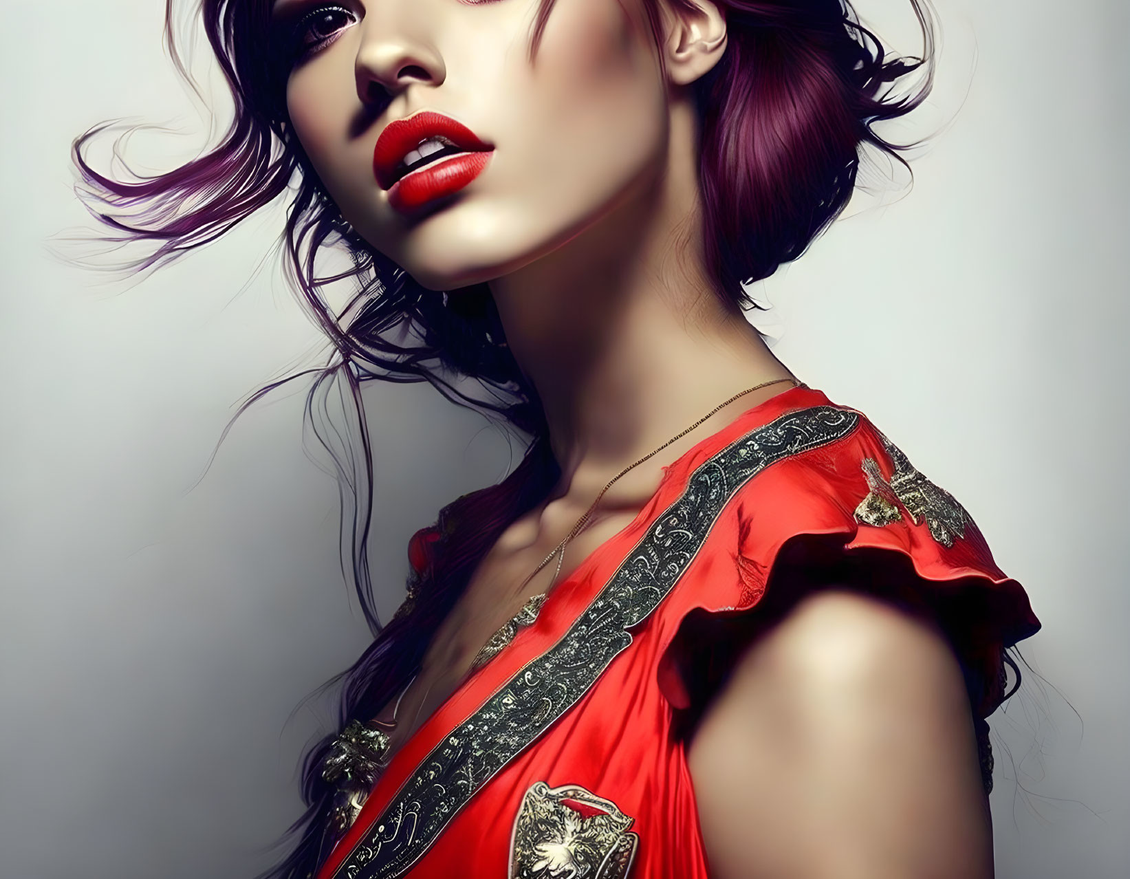 Woman with Purple Hair and Red Dress with Gold Embroidery