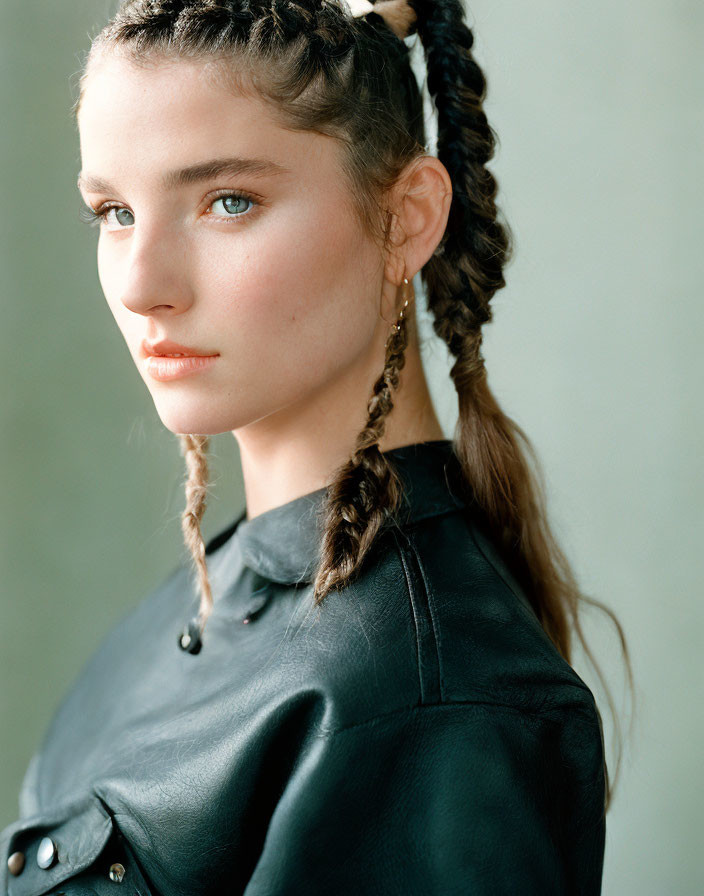 Braided Hair Woman in Black Leather Top with Soft Gaze