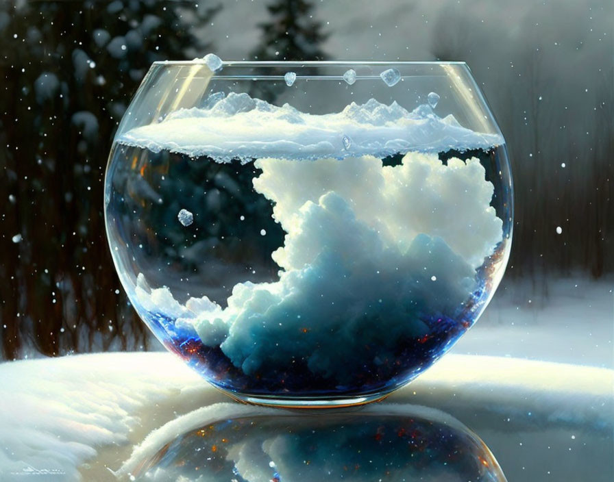 Transparent Fishbowl on Snowy Surface with Cloud Formation - Miniature Wintry Scene with Snowfl