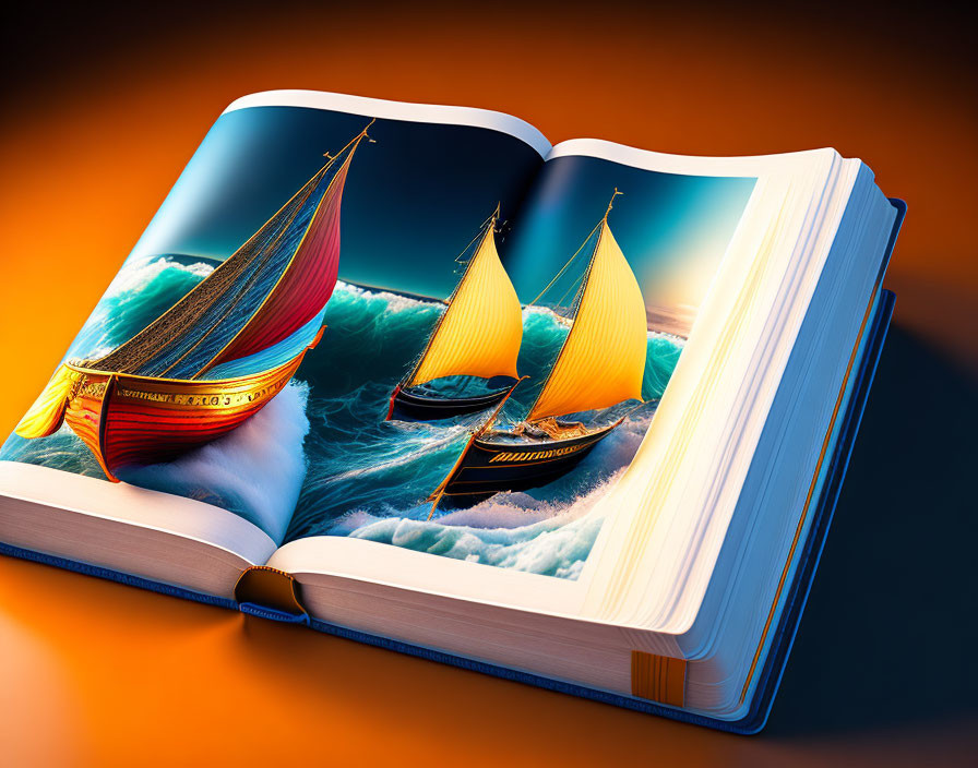 Open book displaying vibrant ocean scene with sailboats on waves against orange background