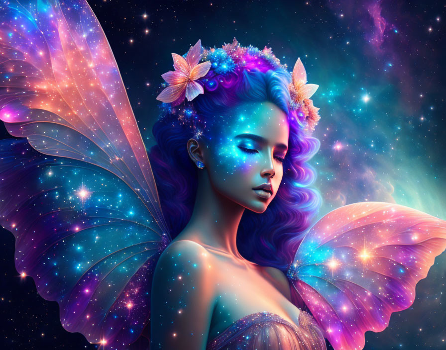 Woman with iridescent butterfly wings and floral hair in cosmic setting