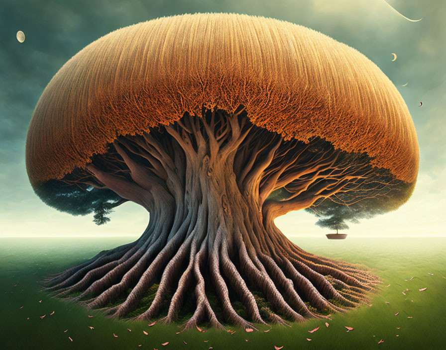 Giant tree with mushroom canopy in surreal twilight scene