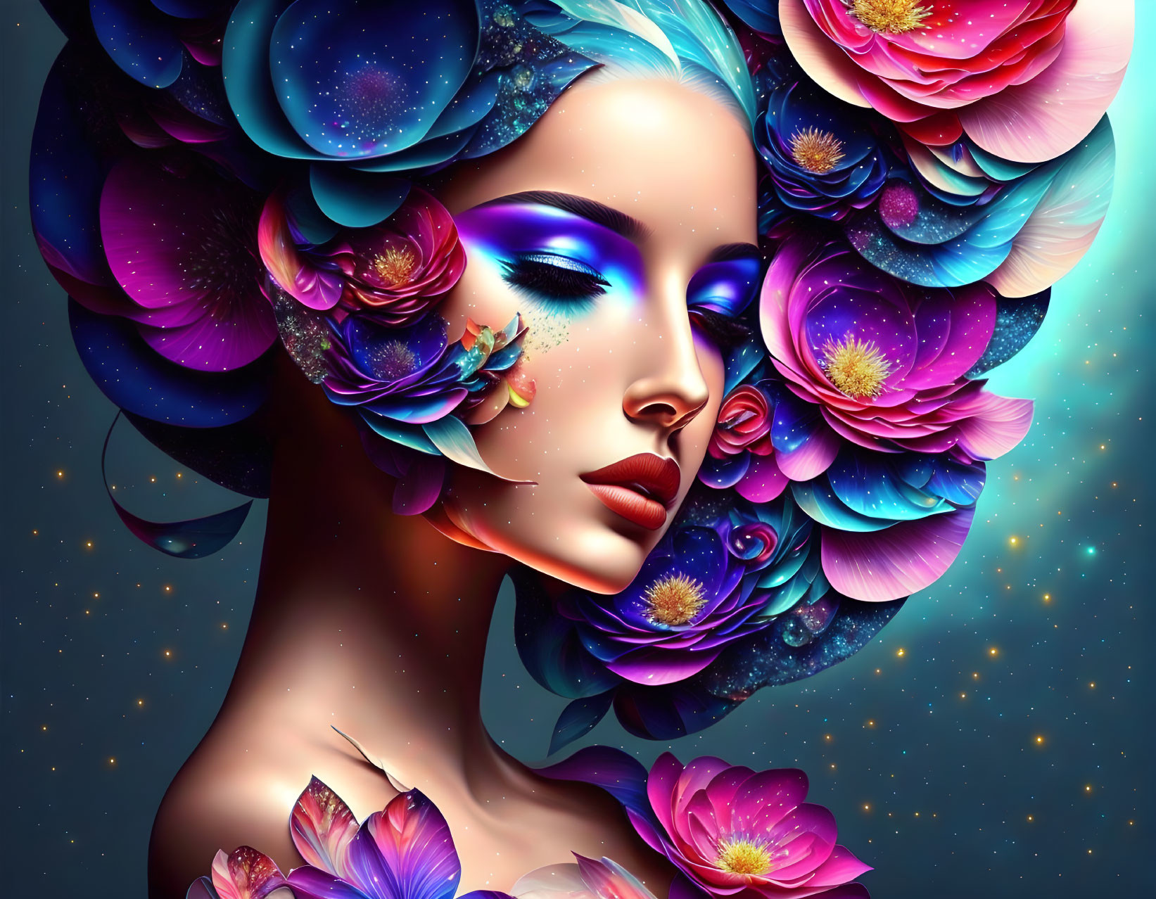 Colorful woman portrait with galaxy skin and floral hair on starry backdrop