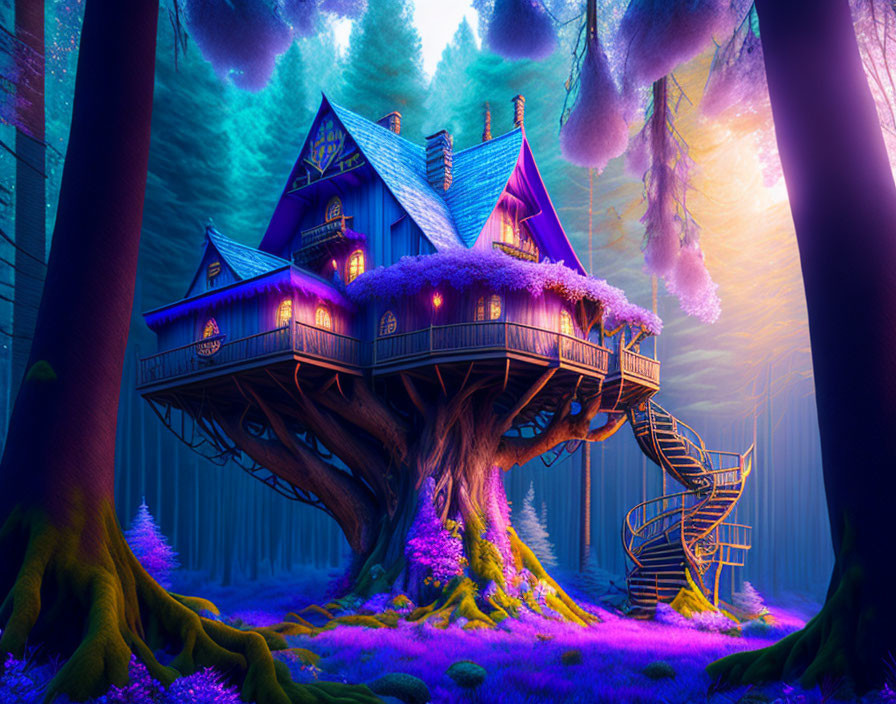 Vibrant blue and purple treehouse in magical forest glade