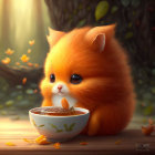 Illustration of cute orange piglet eating in sunny forest