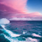 Vibrant ocean with turquoise wave under pink and blue sky