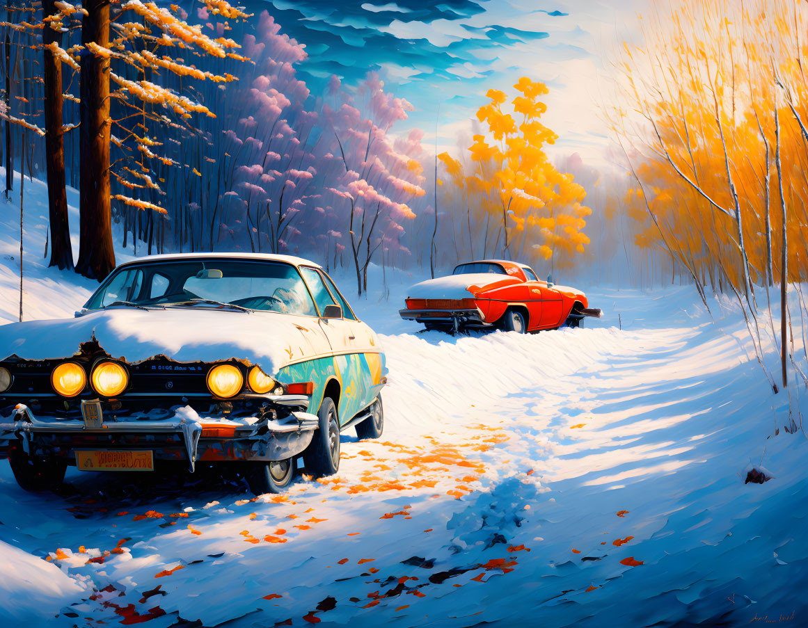 Vintage Cars Parked on Snowy Forest Road with Autumn Trees and Blue Sky