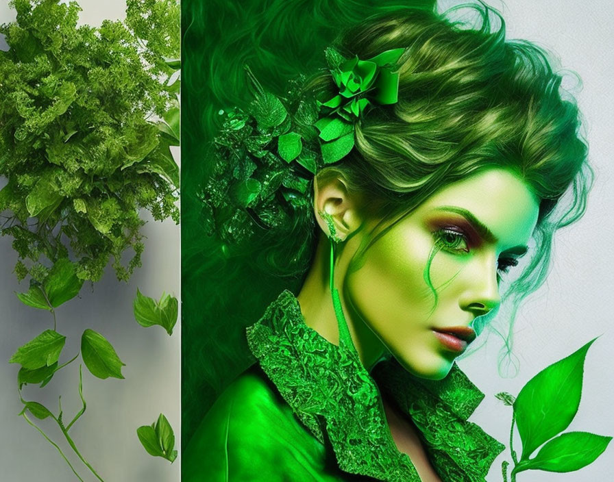 Colorful Green Collage Featuring Leaves, Woman in Green Makeup & Clothing