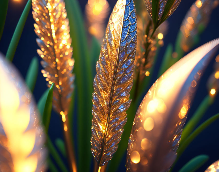 Golden Feather-Shaped Decorations with Fairy Lights and Green Leaves on Dark Blue Background