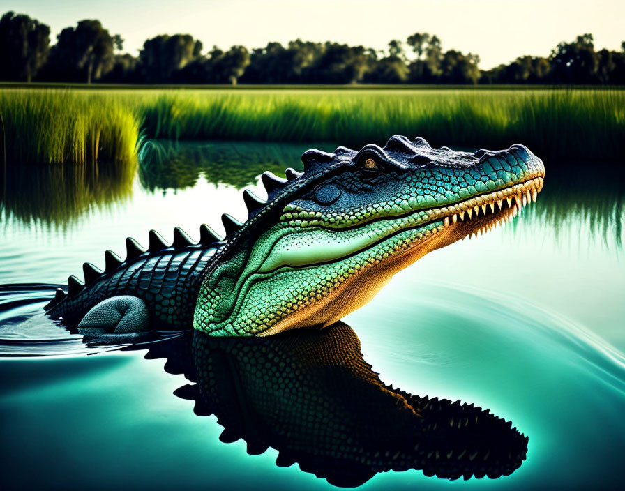 Crocodile head emerging from serene waters at dusk