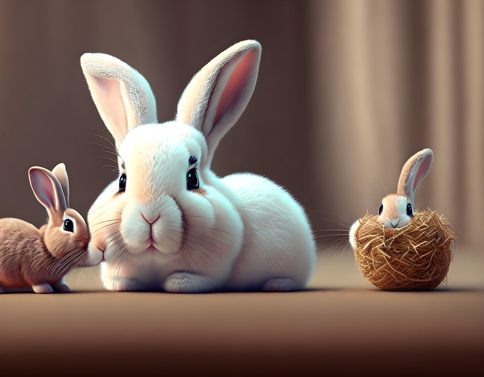 Three Cute Rabbits in Nest with Soft Lighting and Brown Backdrop