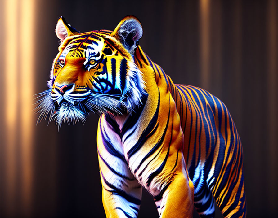 Colorful Tiger with Orange and Black Stripes on Blue and Yellow Background