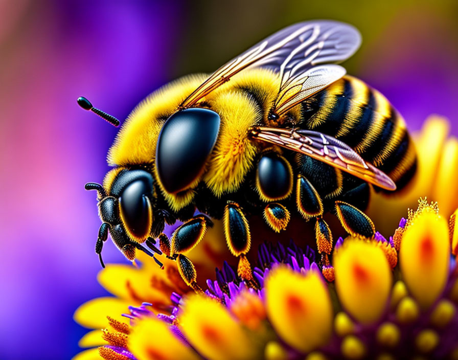 Detailed Close-Up of Bee Pollinating Purple and Yellow Flowers