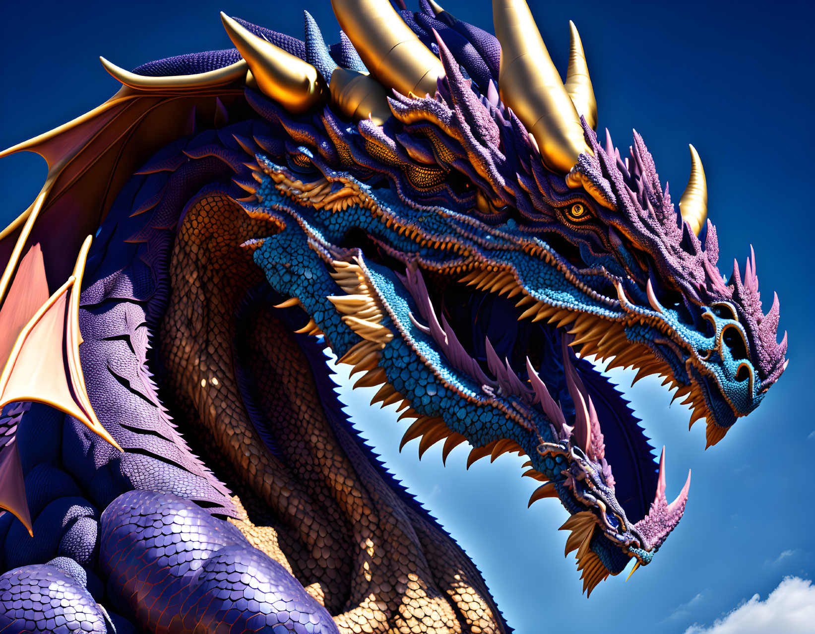 Majestic purple and gold dragon with detailed scales and large wings