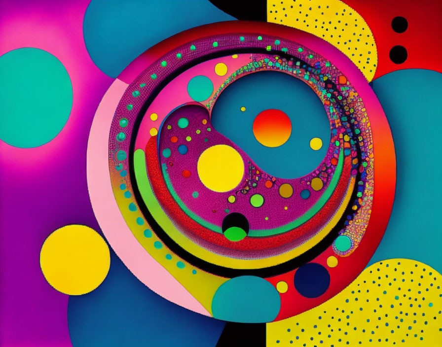 Colorful Abstract Art with Layered Circles and Swirls on Multicolored Background