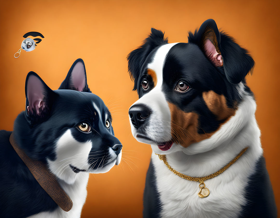 Detailed illustration of tuxedo cat and Bernese Mountain Dog with toy drone on orange backdrop