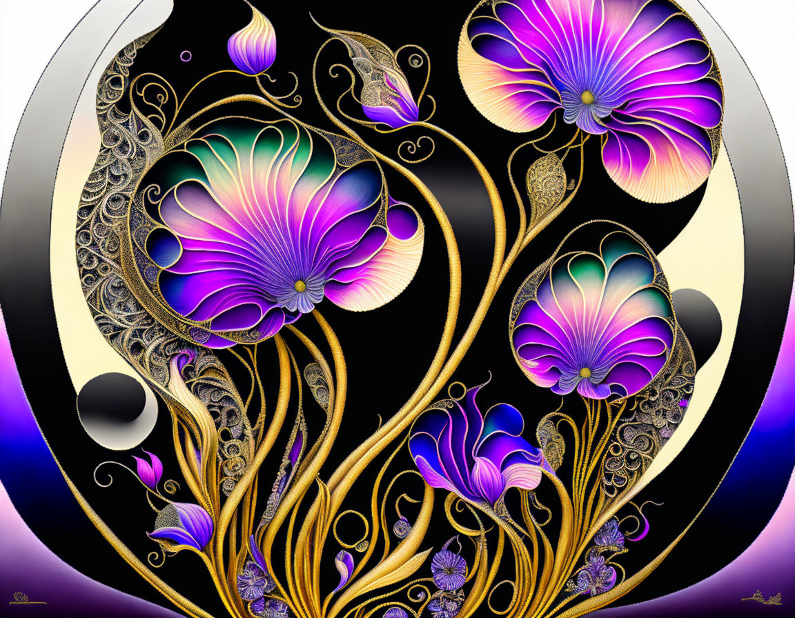 Colorful digital artwork: Purple and blue flowers with gold swirls on black background