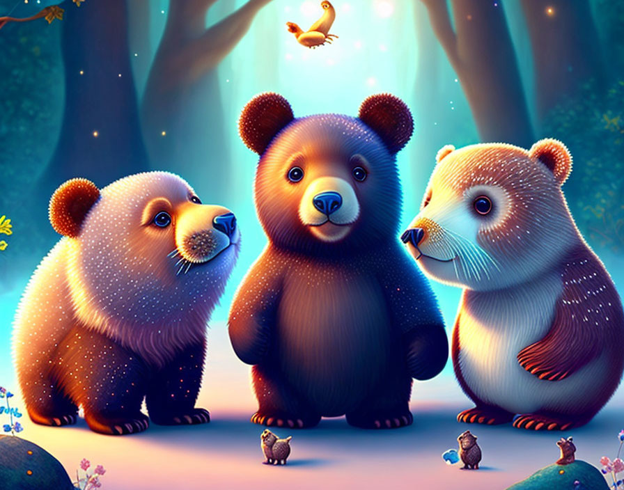 Colorful Cartoon Bears in Magical Forest Night Scene