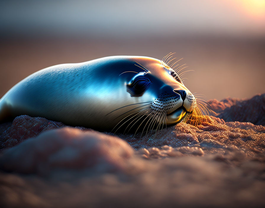 Seal resting on sandy beach under warm sunlight