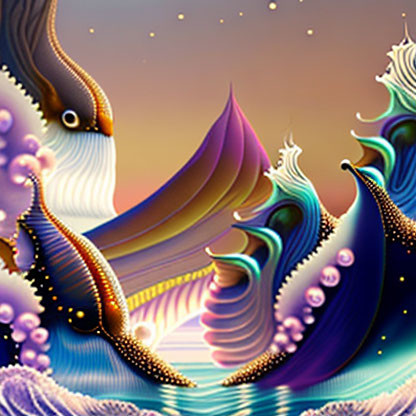 Vibrant abstract shapes in fantastical landscape.