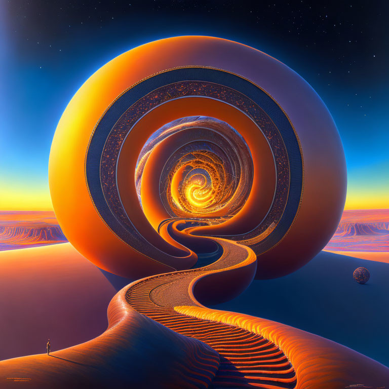 Surreal landscape with spiral structure and warm tones at twilight