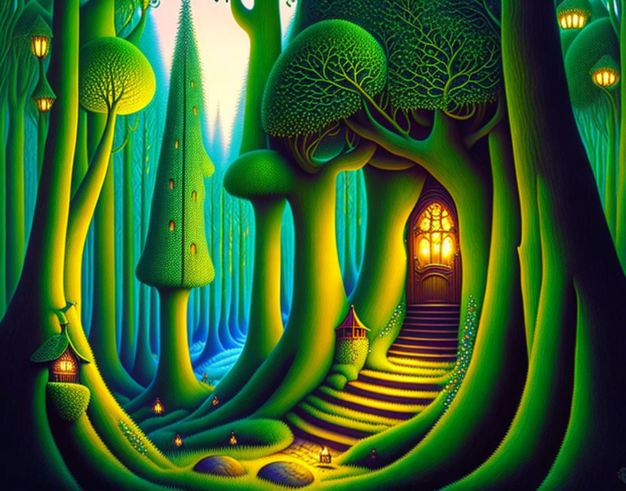 Enchanted forest painting with luminous trees and mysterious door