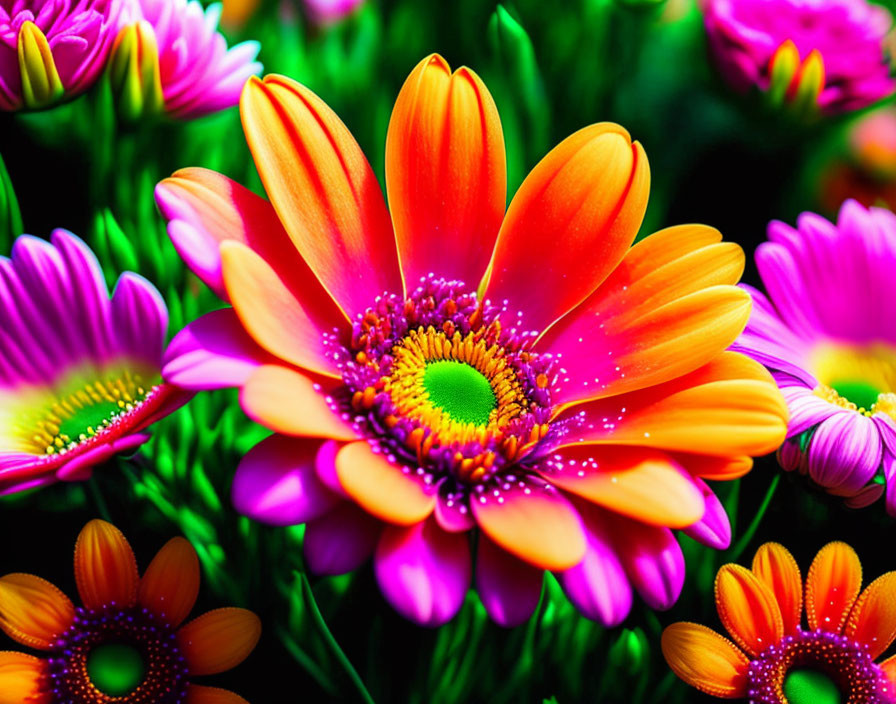 Bright orange and purple daisy flowers with yellow centers against green backdrop