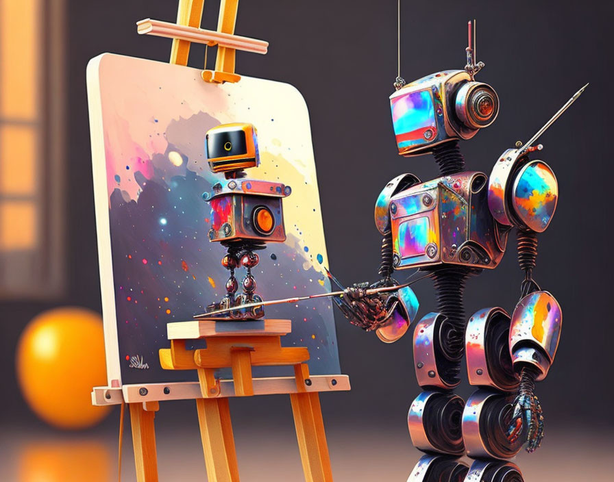 Colorful Patterns: Whimsical Robots Painting on Canvas