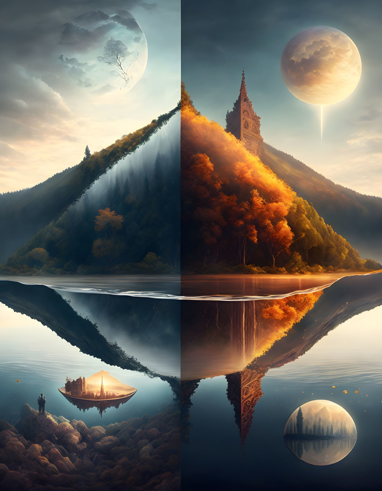 Fantasy landscape with church, autumn trees, reflective lake, boat, and surreal moons