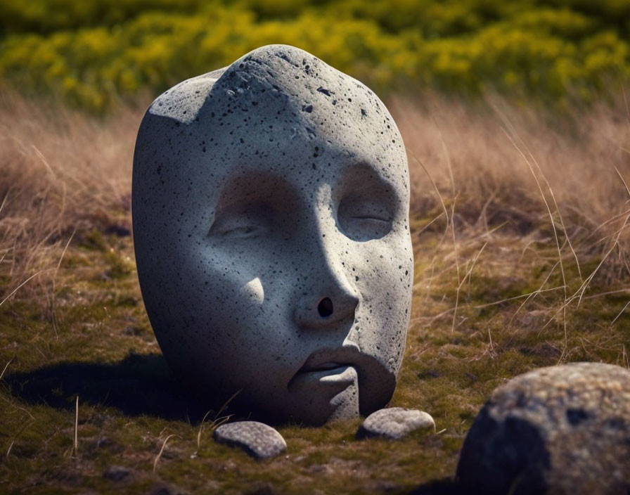 Stone Human Face Sculpture in Natural Setting with Grass and Yellow Flowers