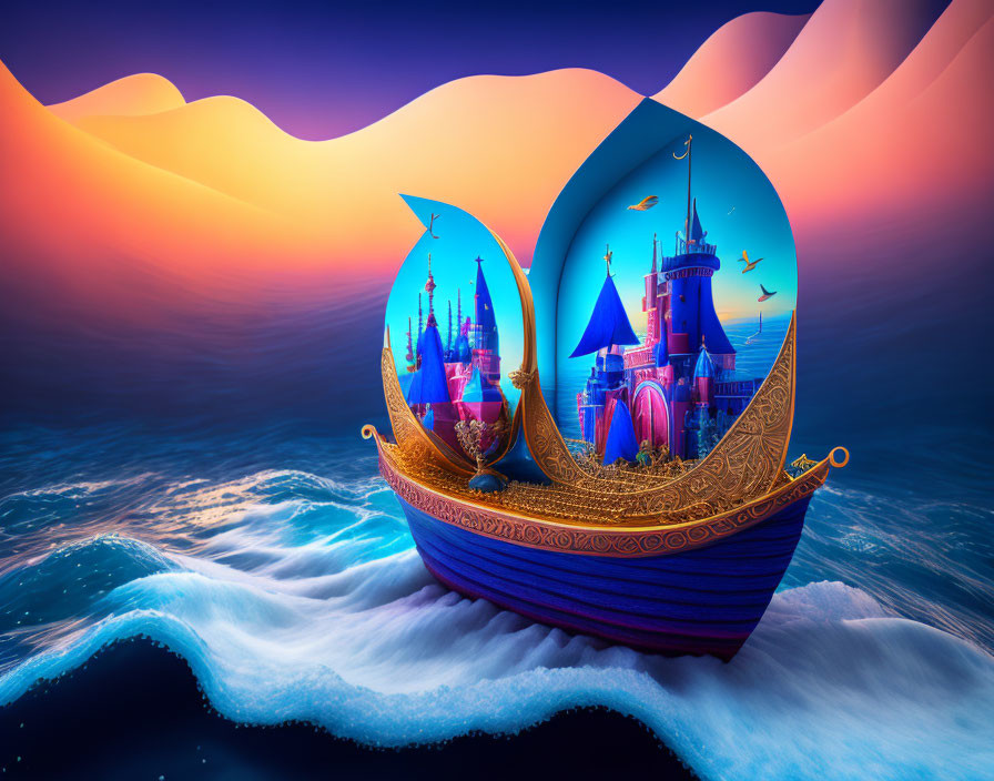 Vibrant digital art: ornate ship in dreamy seascape