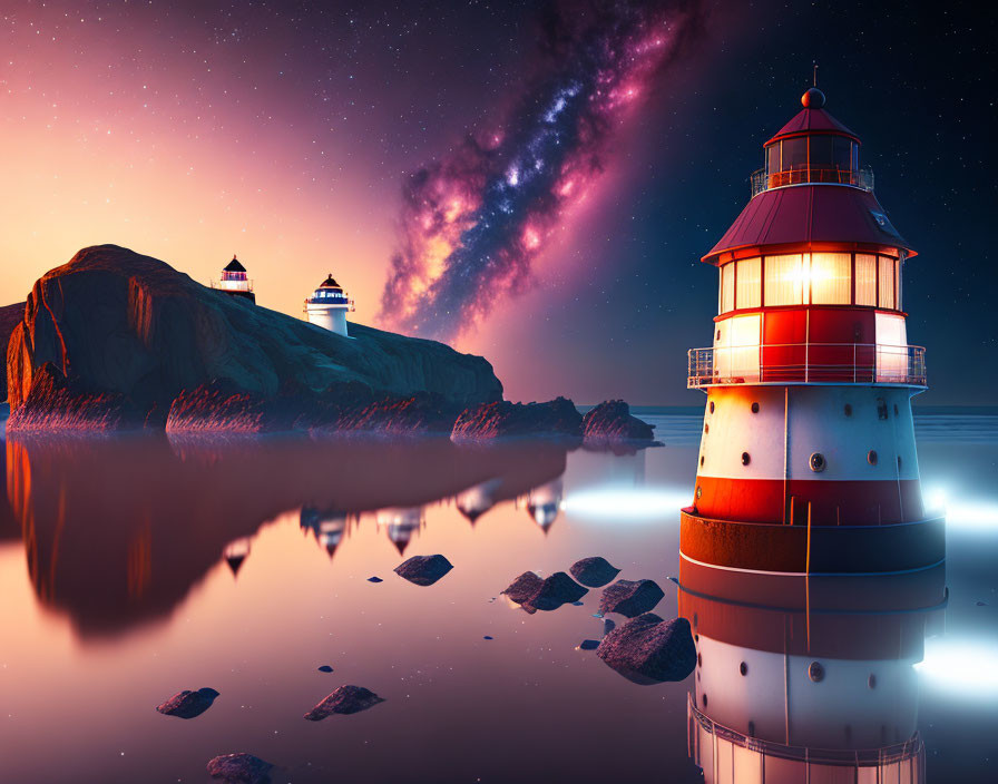 Scenic twilight view of glowing lighthouse by serene lake