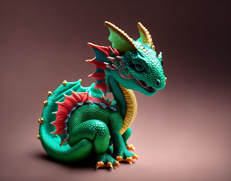 Detailed Green Dragon Model with Red Wings and Gold-Tipped Horns on Brown Background