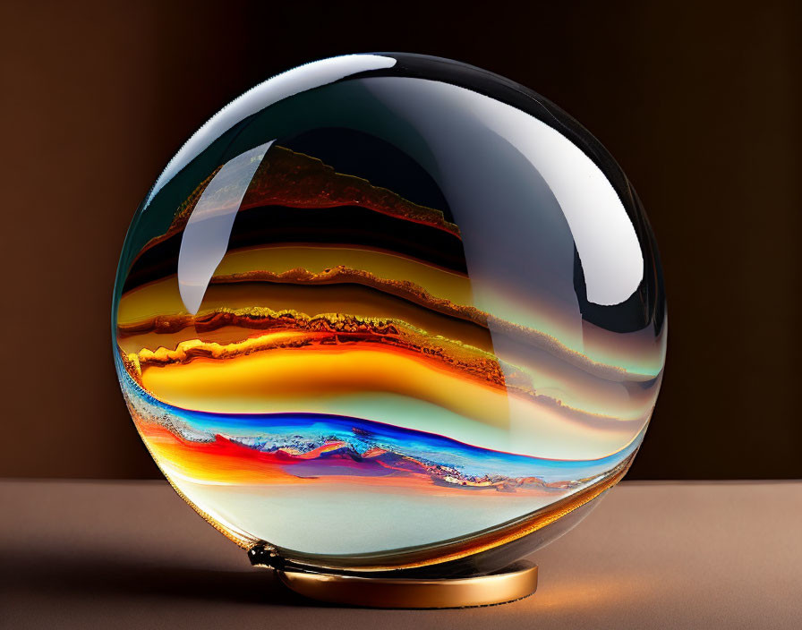 Colorful Layered Sand Art Encased in Glossy Sphere on Golden Stand