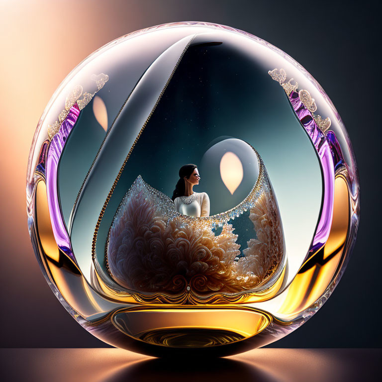 Surreal artwork of woman in ornate sphere with cosmic and floral elements