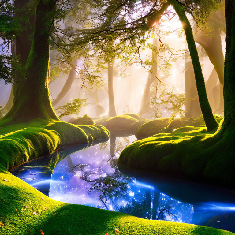 Vibrant green forest with moss-covered trees and starry stream