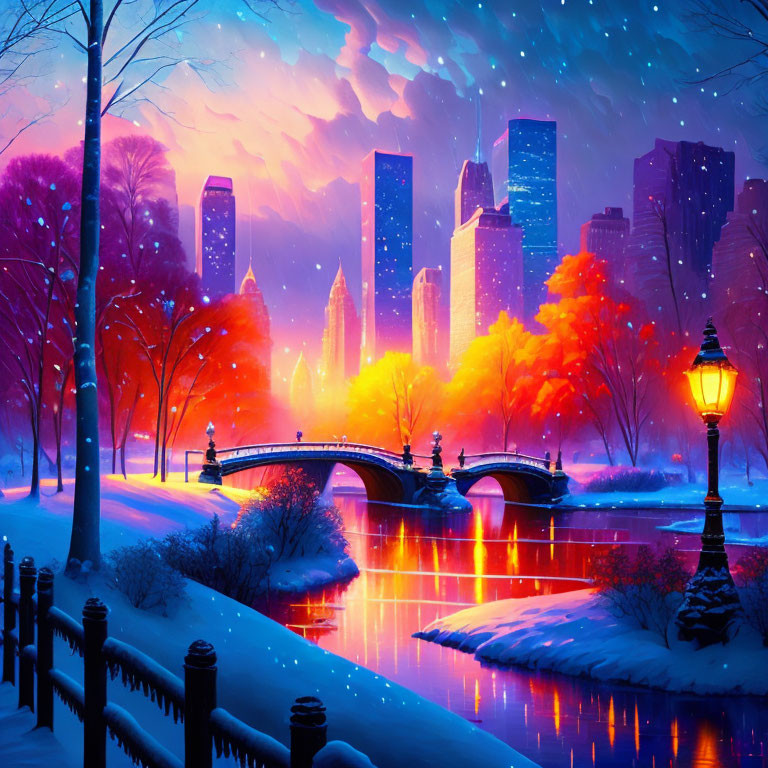 Colorful Winter Cityscape Night Scene with Snow-Covered Bridge