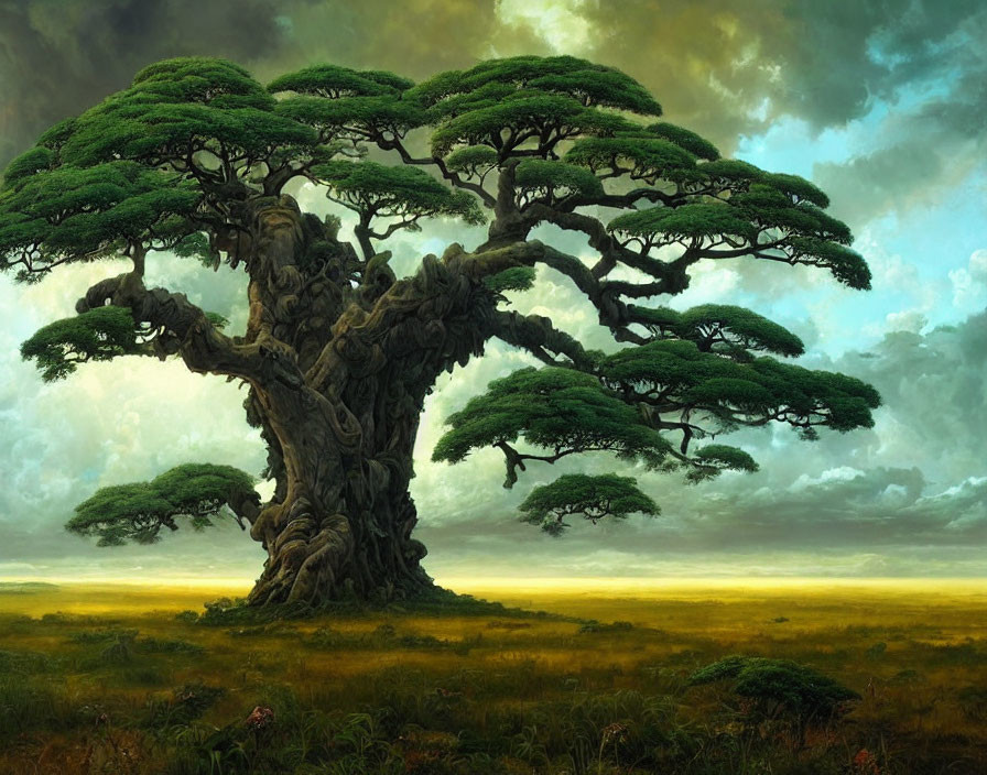 Vast savanna landscape with ancient majestic tree at dusk or dawn