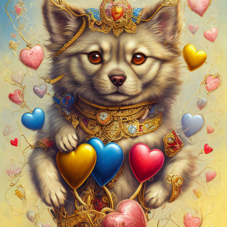 Regal dog with crown and jewelry among heart-shaped balloons