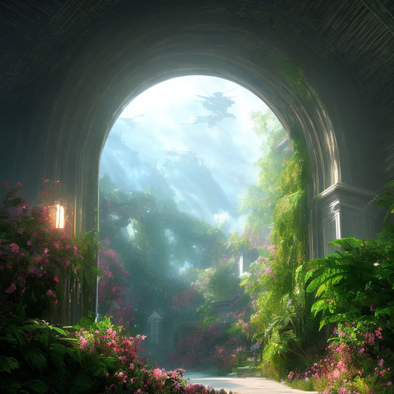 Tranquil archway leading to vibrant garden with lush greenery and mysterious structures.