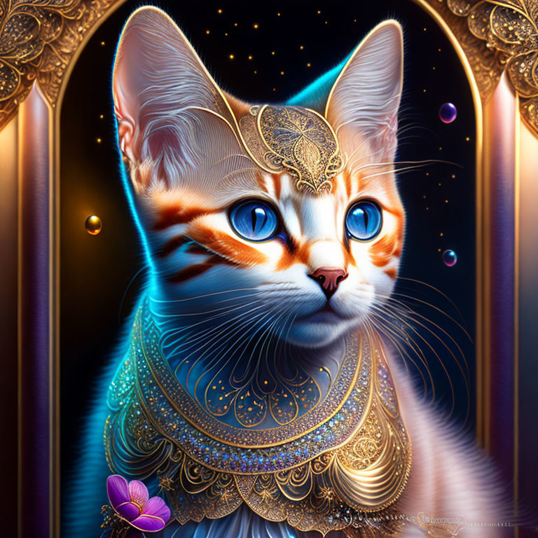 Detailed fantastical cat illustration with blue eyes and ornate jewelry against ornamental backdrop