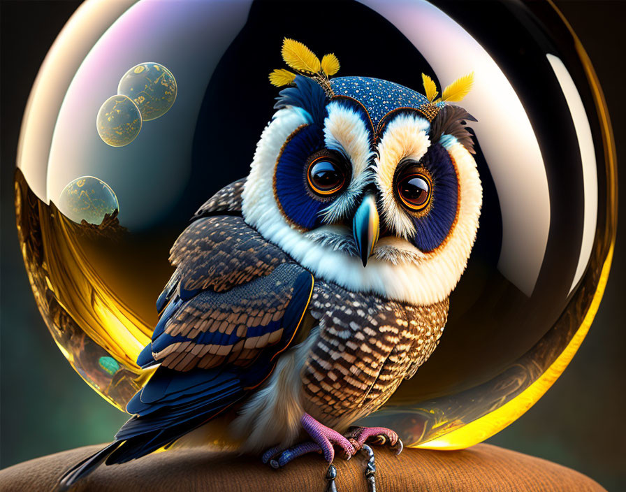 Vibrant owl with blue and orange feathers perched near bubbles on dark background