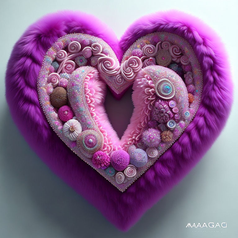 Purple Heart-Shaped Plush Object with Pink Ornamental Balls